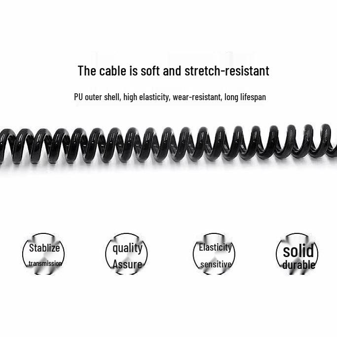 2-core 0.5 sq mm + 4-strand aluminum foil shielded spring retractable cable, 6.5MM diameter, wear-resistant.