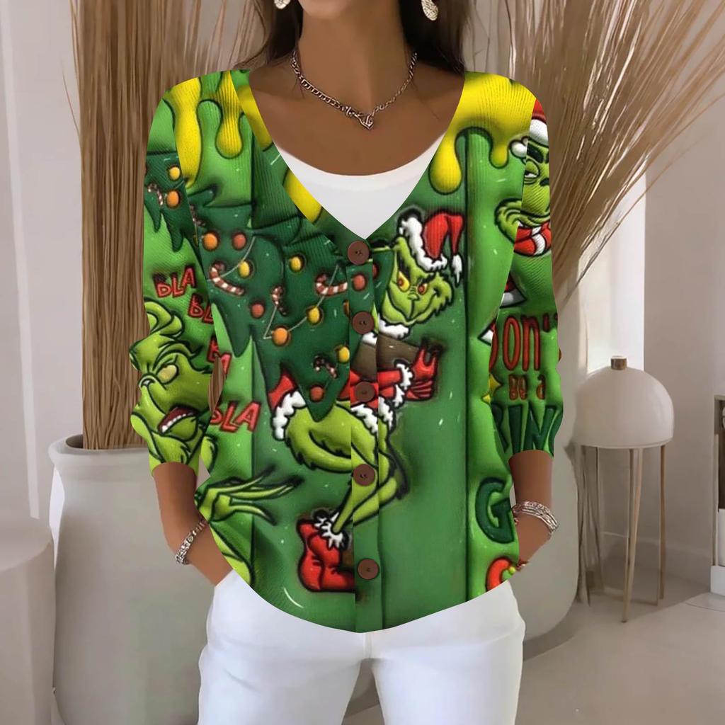 Women's Fashion Casual Knit Sweater Button-Up Christmas Print Cardigan Jacket