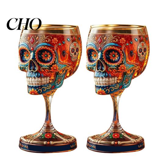 Sugar Skull Wine Glass Gothic Glass, Hand Painted Skeleton Goblet, Day Luxury Decorative Drinking of The Dead Decor, Unique Bar Gift for Halloween
