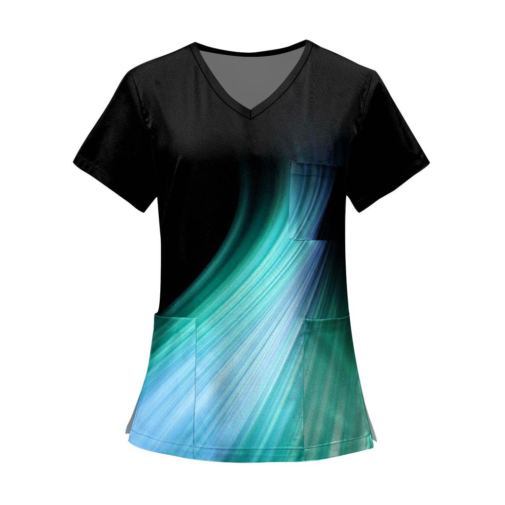Women's Fashion Printed Short Sleeve V Neck Pattern Tops Pocket Working T-shirts