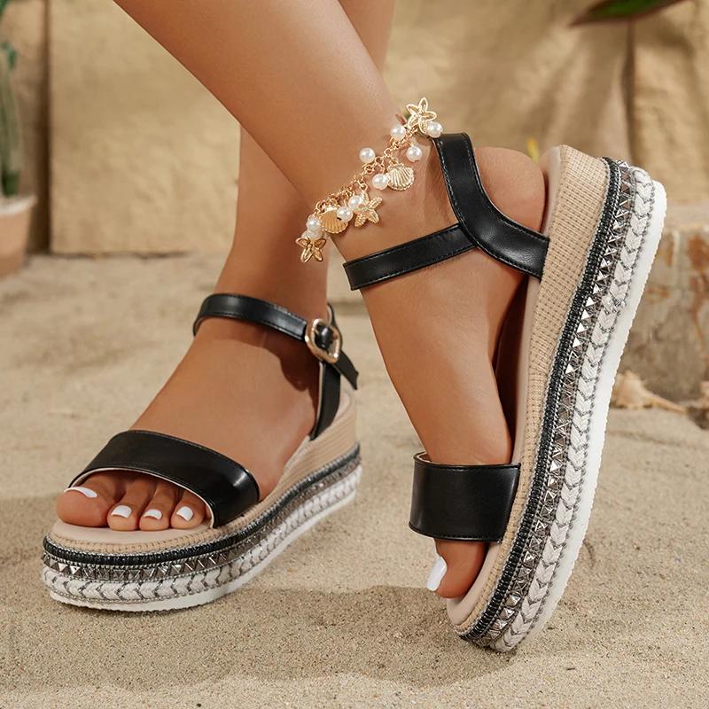 Fashion Fashion Rivets Platform Sandals Women Plus Size 36-42 Thick Bottom Summer Sandles Woman Ankle Buckle Pu Leather Sandalias Mujer