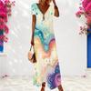 Women Plus Size Abstract Printed Red Black V Neck Short Sleeve Long Dress