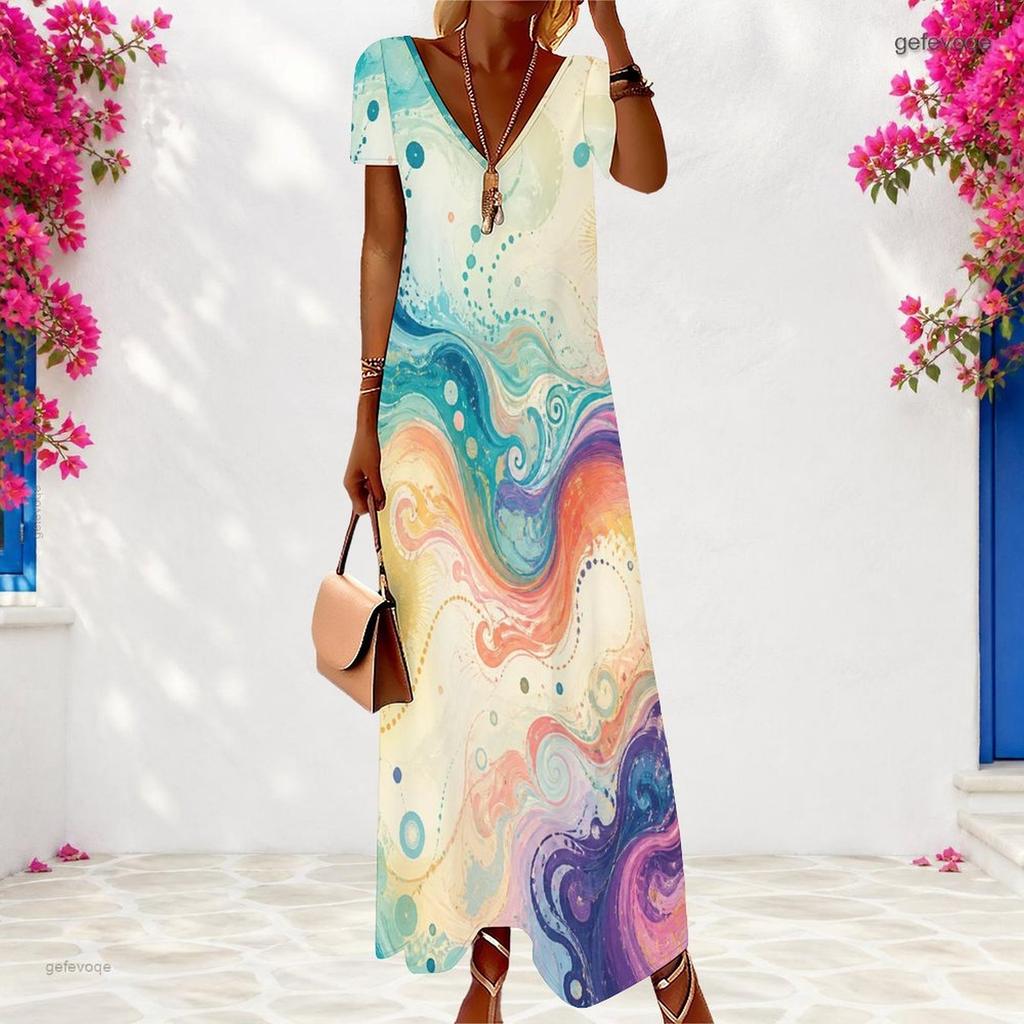 Women Plus Size Abstract Printed Red Black V Neck Short Sleeve Long Dress