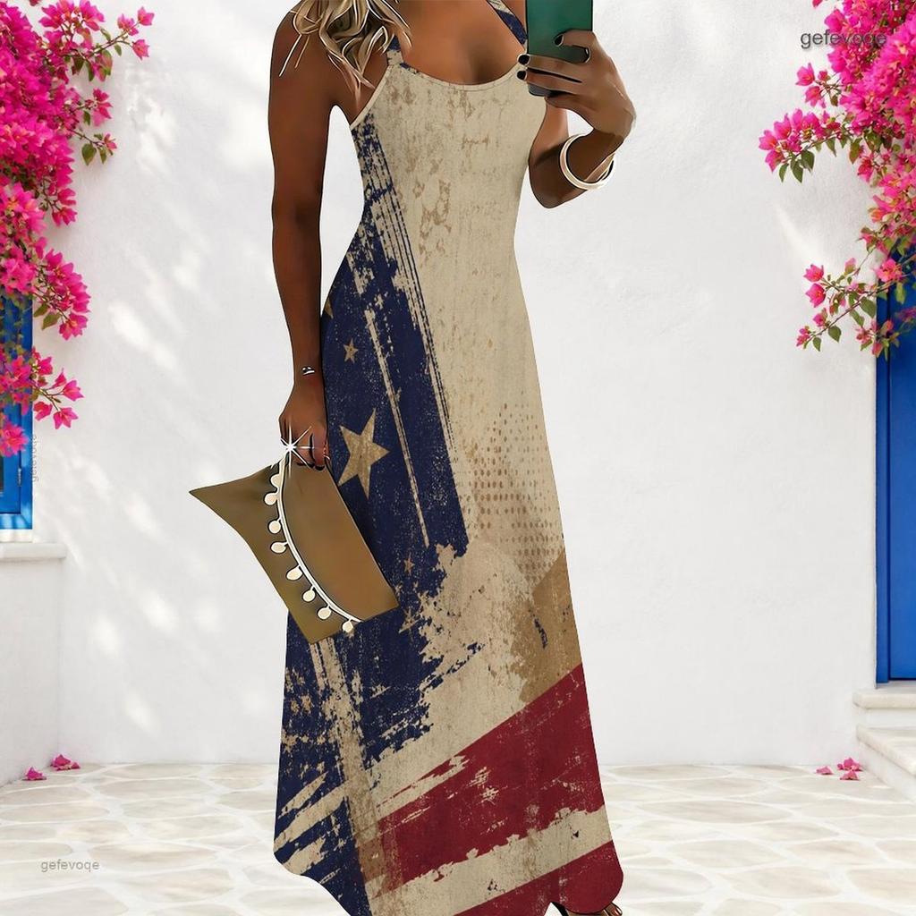 Women Plus Size Scoop Neck Strappy Sleeveless American Flag Printed A Line Long Dress