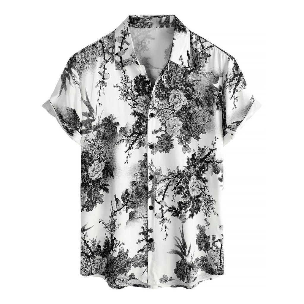 Men's Short Sleeved Shirt, Daily Fashion Printed Button Top, Chest Pocket Cardigan