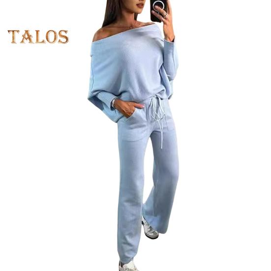 2 szt./zestaw Damski Zestaw Top i Spodnie Odkryte Ramiona Długie Rękawy Nietoperz Bluza Elastyczna Talia Rozszerzane Spodnie Dresowe Strój Sportowy Jesienny Casualowy Dres