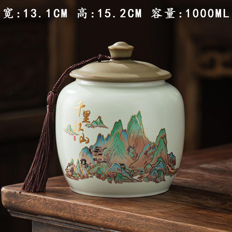 

Creative Painted Mountain Pattern Ceramic Tea Jar Large Capacity Sealed Moisture-proof Storage Jar Coffee Beans Candy Food Jar