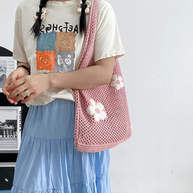 Damen-Umhängetasche mit großem Fassungsvermögen, modisches Blumenmuster, gehäkelte Tragetasche, All-Match-Tasche, süße Gürteltasche, Stricktasche