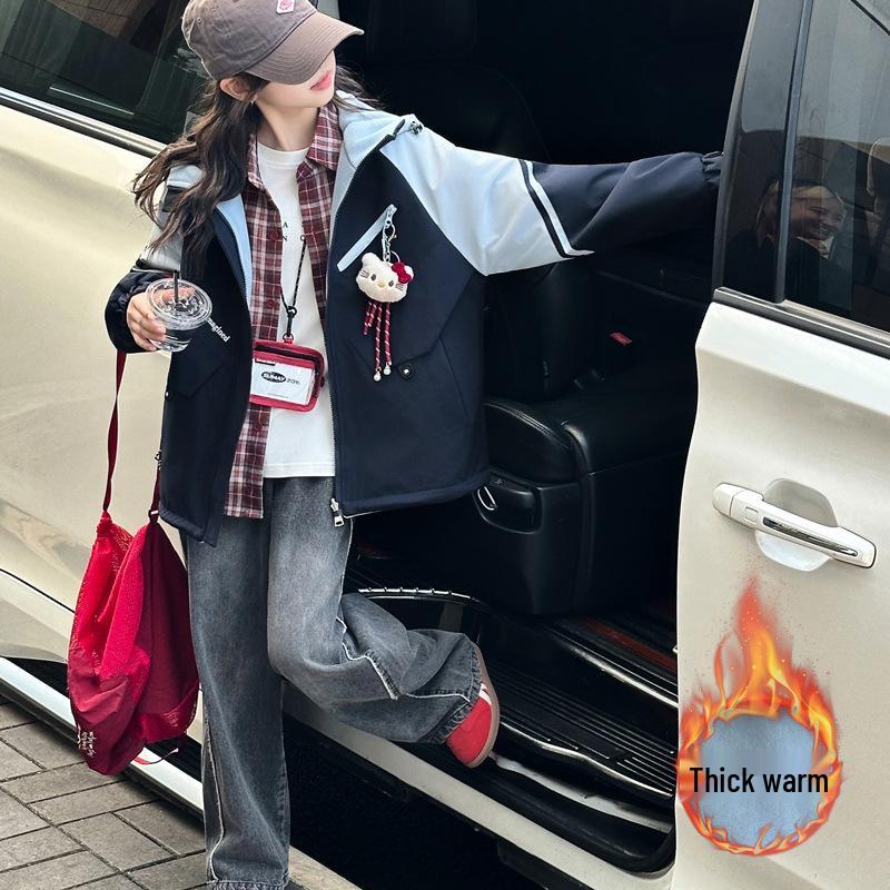 

Girls Reversible Hooded Mid-Length Fleece-Lined Windbreaker (2025 Autumn/Winter Collection) 150cm темно-синього кольору