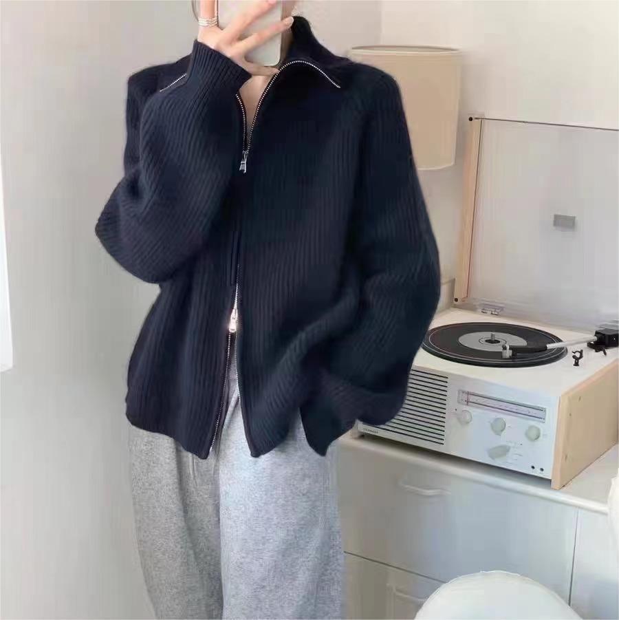 Solid color simple double zipper knitted cardigan top women's autumn and winter new loose lazy wind sweater jacket tide