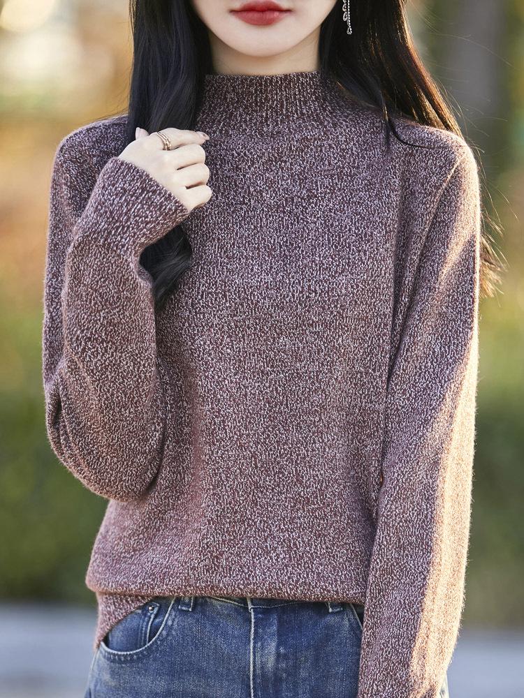 Women's Soft Loose Knit Sweater: Slub Yarn Semi-High Neck Pullover