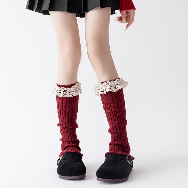 Angora Red Lolita Lace Calf Socks for Women - Korean Style Autumn/Winter Ballet Leg Warmers, Perfect for New Year and Christmas.