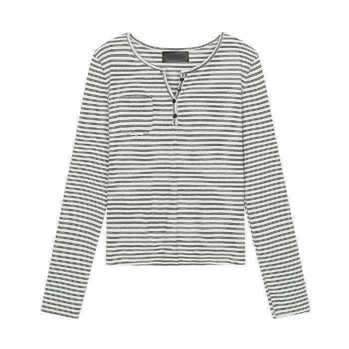 Korean chic chic striped button-up long-sleeved T-shirt women s spring and autumn 2026 new design round neck thin top S