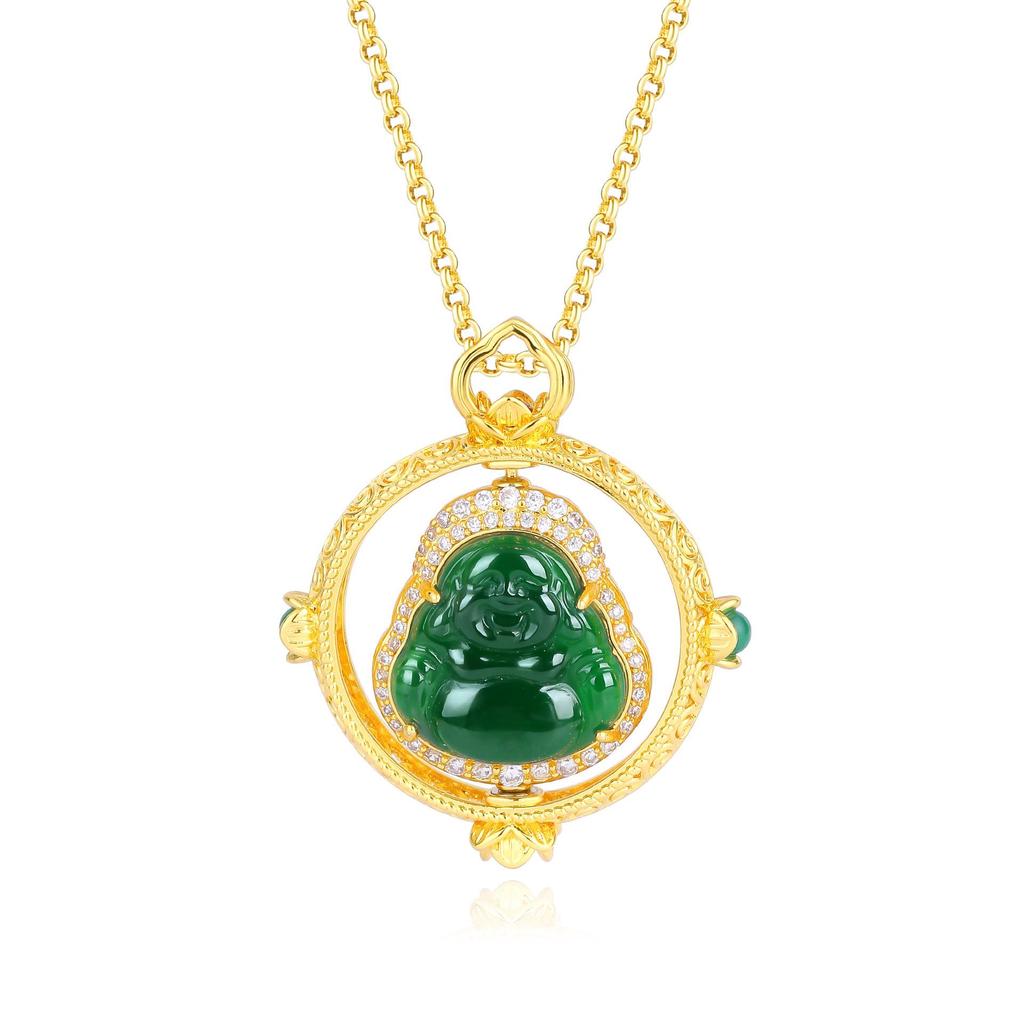 Chinese Style Gold-Plated Jade Maitreya Buddha Pendant Necklace with Rotatable Clavicle Chain