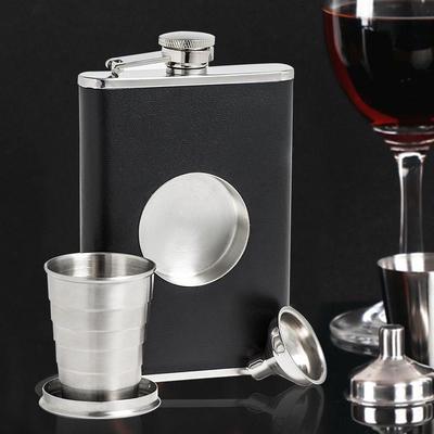 Black FLASK Builtin Collapsible SHOT GLASS Stainless Steel Screw Cap Hip Pocket