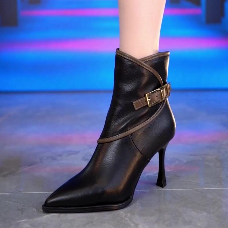 

Модные женские ботильоны FHANCHU 2025, короткие ботильоны на высоком каблуке, зимняя обувь с модной пряжкой, острый носок, 34-39, черный, коричневый, дропшиппинг 35 чёрный