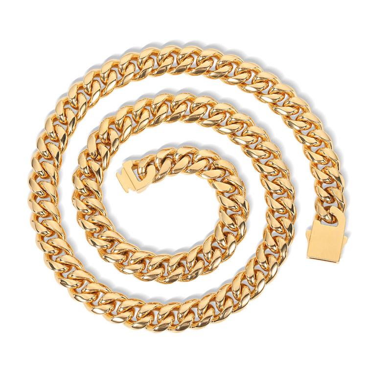 Wholesale 12MM 18k Gold Plated Stainless Steel Cuban Link Chain Necklace 12mm*7inch