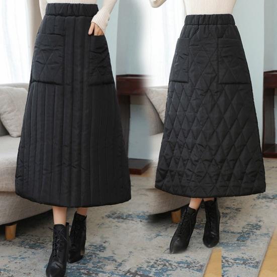 Women Down Skirt Elastic High Waist Large Swing Design Midi Skirt with Pockets Solid Color A-Line Windproof Skirt
