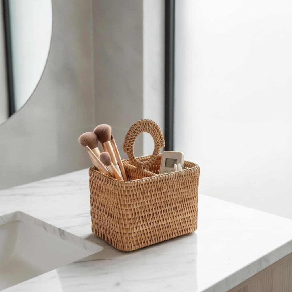Rattan Desktop Storage Basket Divided for Bathroom Counter