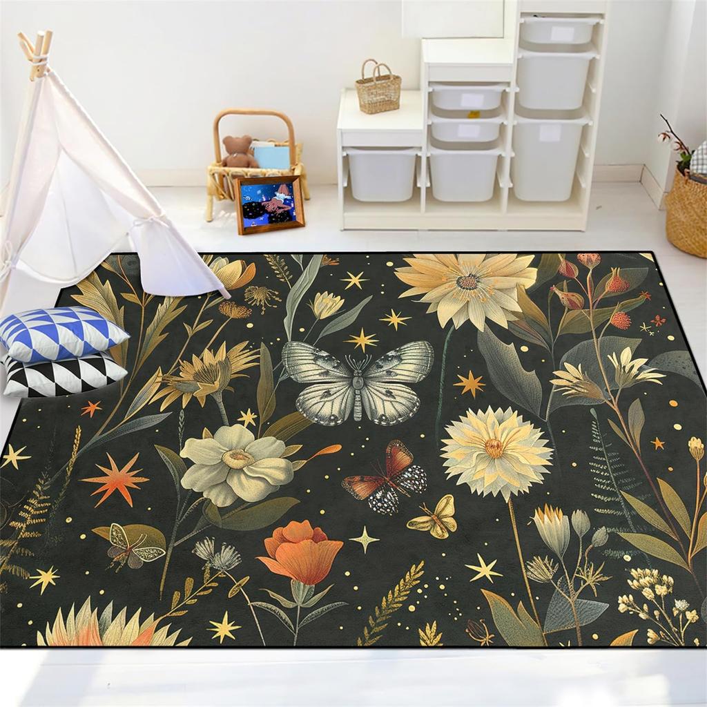 Butterfly Rug for Girls Bedroom - Floral Rugs for Living Room Dinning Room Butterfly Carpet Beautiful Flower Carpet Floor Mats