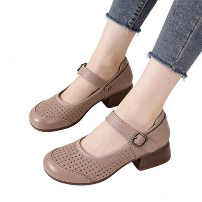 Spring Summer Breathable Genuine Leather Shoes for Women Comfortable Mary Jane Shoes for Daily Wear Plus Size 41