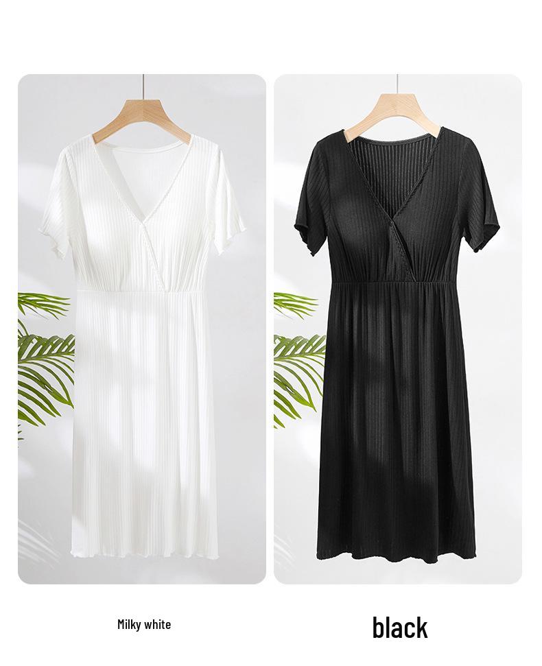 V-Neck Nursing Dress with Insertable Cups for Breastfeeding - Fashionable Postpartum Pajamas