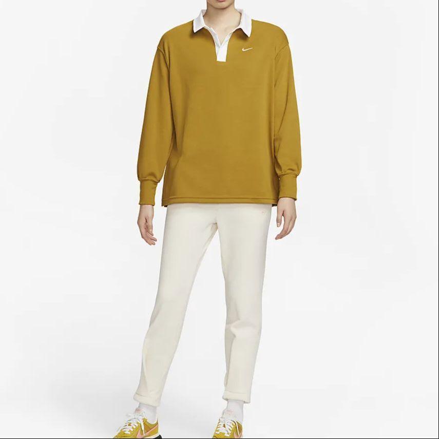 Nike Sportswear Essential Color Block Polo Casual Loose Long Sleeve T-Shirt Women Tops Bronze FB8721-716