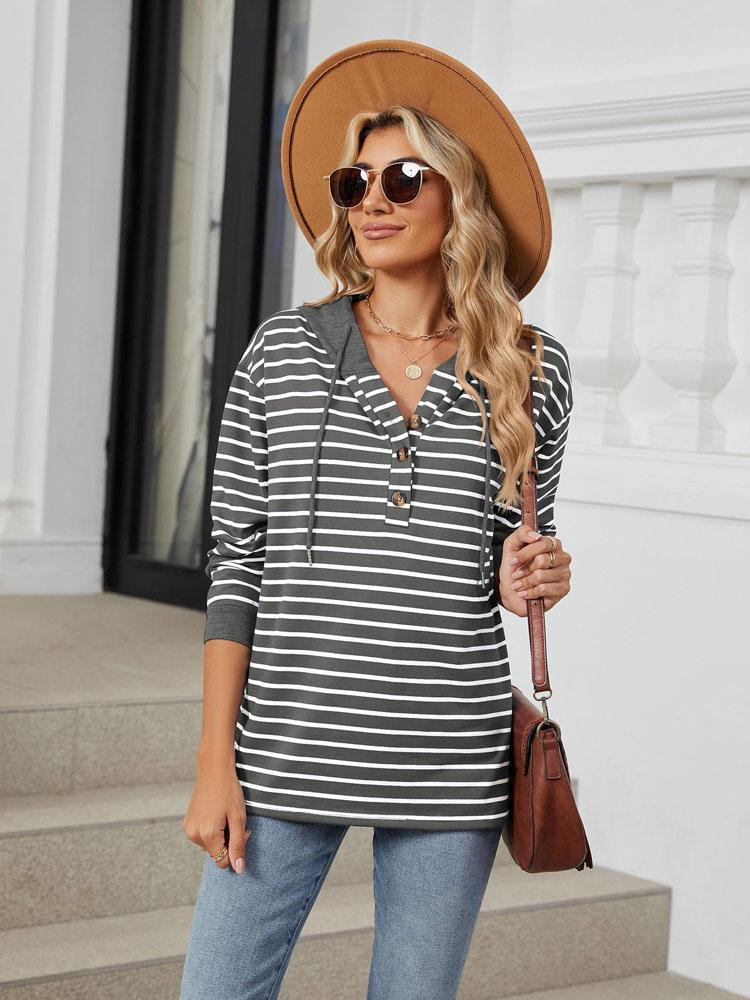 Elegant and Fashionable Fall and Winter Comfortable Hooded Button Drawstring Casual Long Sleeve Sweatshirt Top Pullover Hoodies