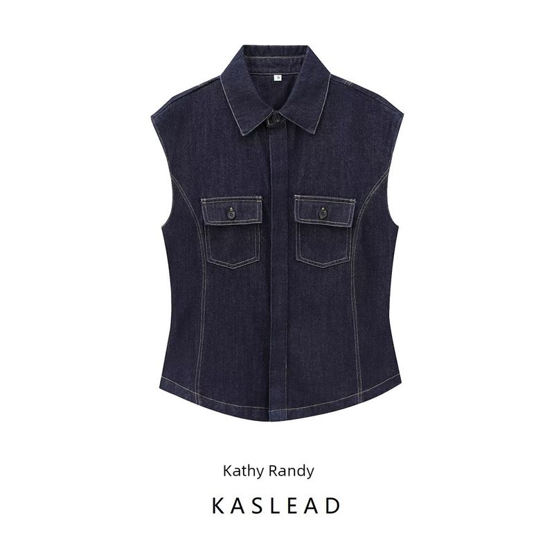 Kaslead New Arrival Women's Clothing Fashion Style Fashion String Decoration Lapel Sleeveless Denim Shirt 8246266