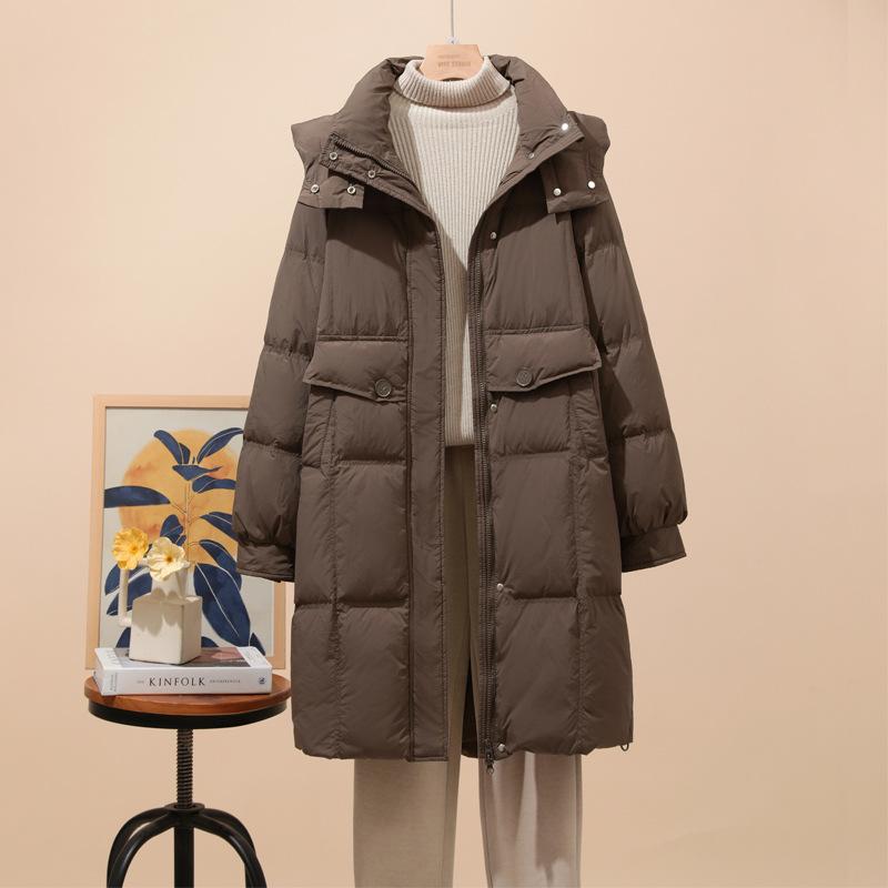 New down jacket women's medium and long fashion foreign style white duck down hooded loose warm winter tide