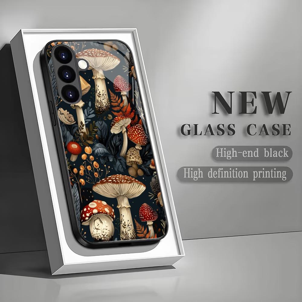 Pilzwald gehärtetes Glas Handyhülle geeignet für Samsung Galaxy S26 S25 S24 S23 S22 S20 FE/Ultra/Plus Anti-Drop-Rückabdeckung