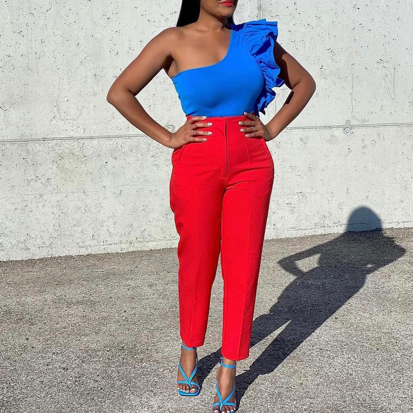 

JKASHDK женские модные повседневные однотонные принты весна осень плюс размер брюки с высокой талией брюки и капри XXXL красный