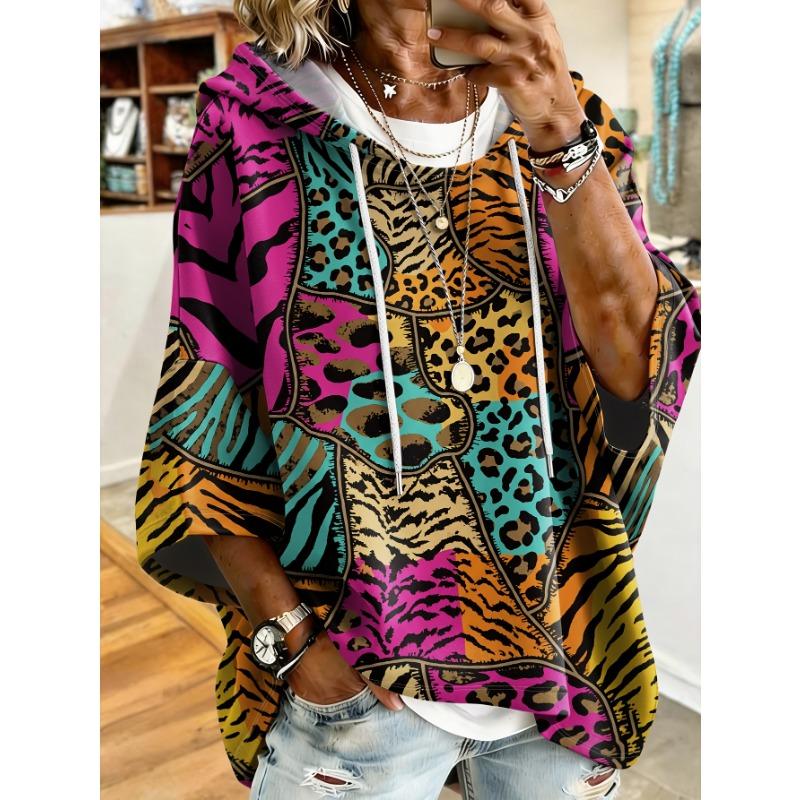 Printed plus size women's contrasting leopard print and tiger print patchwork printed hooded sweatshirt
