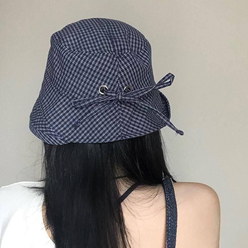 New Summer Women'S Plaid Rolled Brim Bucket Hat Wide-Brimmed Quick-Drying Sun-Protective Hat