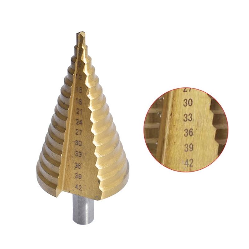 HSS Titaniums Coated Straight Grooves Step Drill Bit 4-42mm Triangular Shank Cone Drill Bit for Metal and Wood Drilling