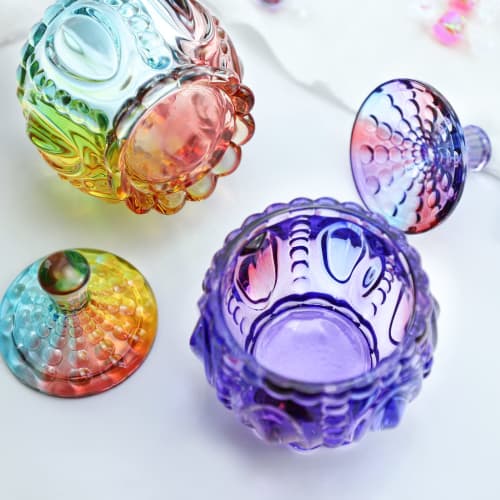 SOCOSY Royal Embossed Clear Glass Apothecary Jar with Lid, Candy Jar Container, Wedding Candy Buffet Jar, Crystal Jewelry Box, Food Jar, 7 oz, Pumpkin