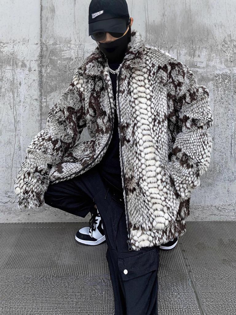 Men's Snake Skin Pattern Faux Fur Padded Jacket - Trendy Casual Outerwear