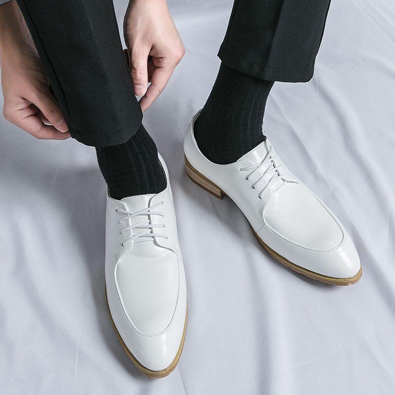 2025 new leather shoes men's business dress pointed head height wedding groom wedding photography men's breathable white shoes