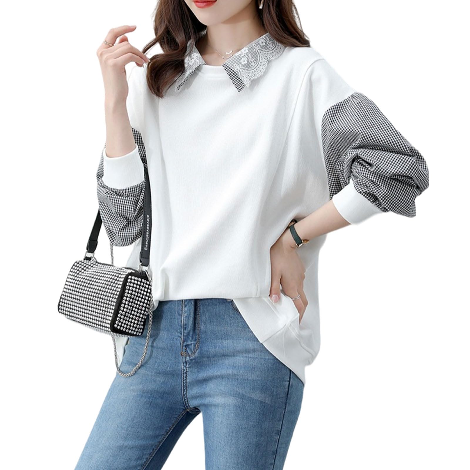 

MEME XTRA Pullover Sweatshirt with Lace Check Long and a Flattering Polo Perfect for and Perfect for Fall and Winter and Women s Stand-Up Collar, белый