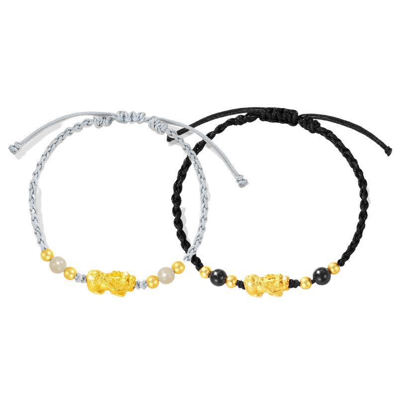 Pixiu 999 Silver Hetian Jade Bracelet with Black Agate - Unisex National Tide Court Style