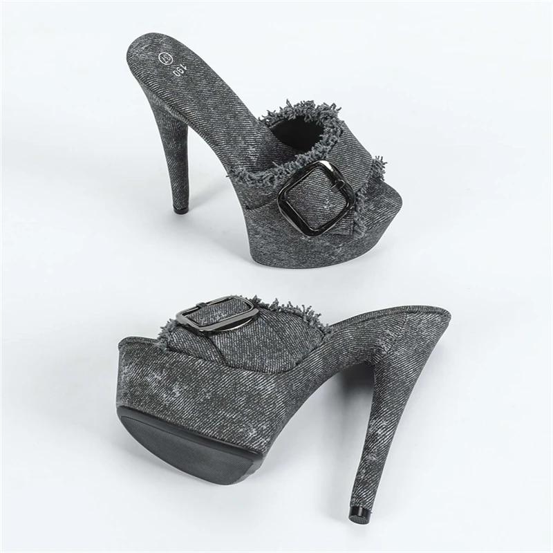 

Eilyken Сексуальные туфли-стилетто с открытым носком на платформе, женские шлепанцы, летние дизайнерские джинсовые туфли-слайды с пряжкой для вечеринок, Zapatillas De Mujer 34 чёрный