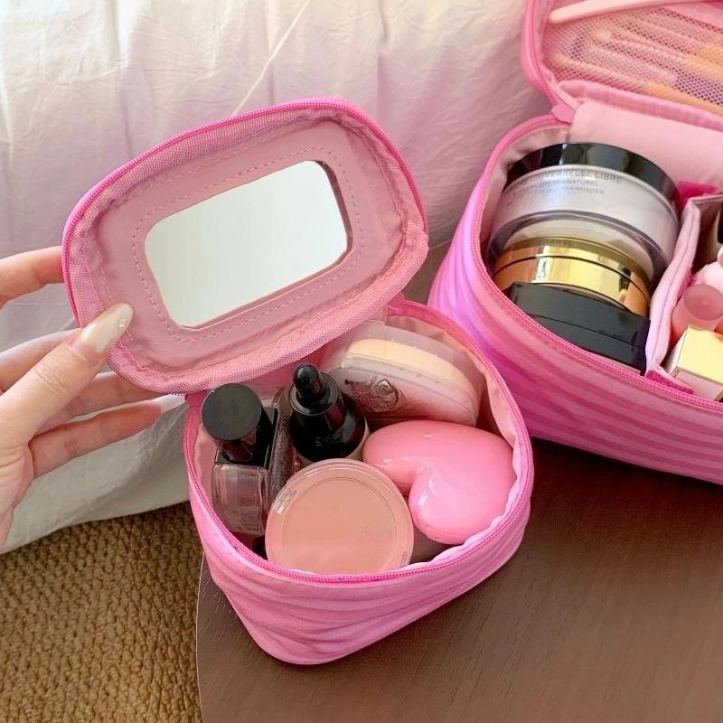 Pink Striped Large Capacity Portable Travel Makeup Bag with Mirror Hand Held Toiletry Organizer Pouch for Women Female Gift