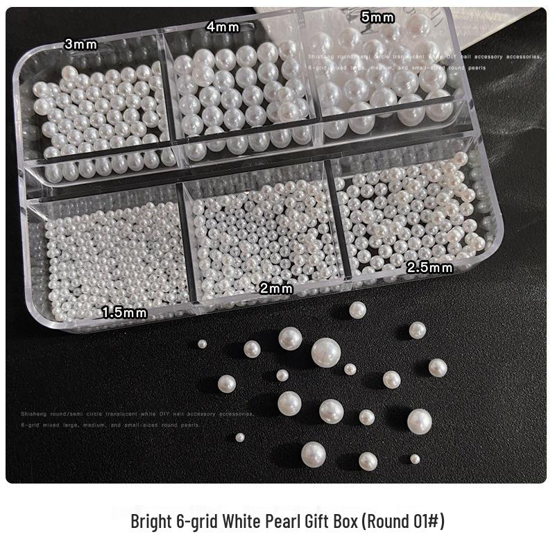 Bright Pearl Nail Art Set: White Flat-Bottom Half-Round Pearls In Mixed Sizes