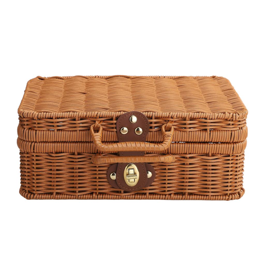 Mini Suitcase Box PE Rattan Hand Woven Rectangular Storage Basket with Handle for Travel Themed Party Wedding Decoration