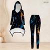 Women Plus Size Hooded Long Sleeve High Low Top Fitted Pants Green Beige Printed Two Piece Set