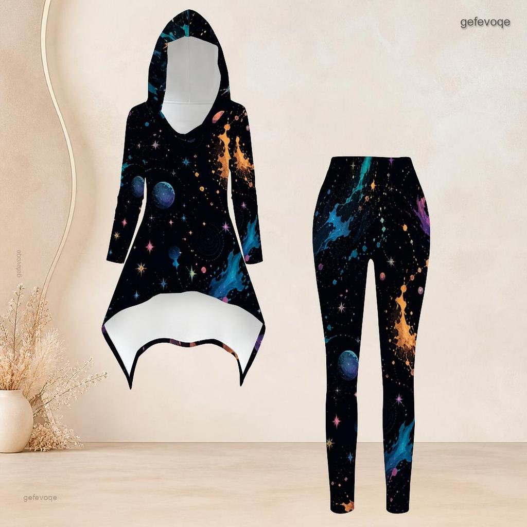 Women Plus Size Hooded Long Sleeve High Low Top Fitted Pants Green Beige Printed Two Piece Set