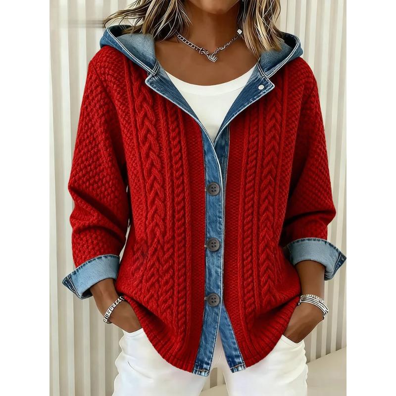 Women S Printed Button Knit Hooded Cardigan Sweatshirt Casual Loose Outerwear