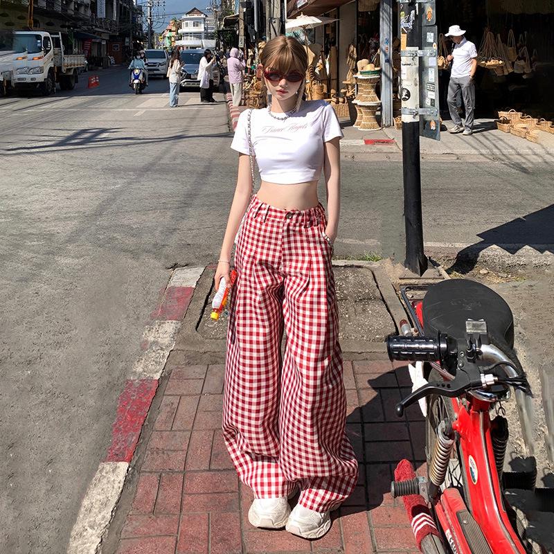 

Women s Red Plaid High-Waist Wide Leg Pants - Spring/Summer Casual Trousers Extra Large