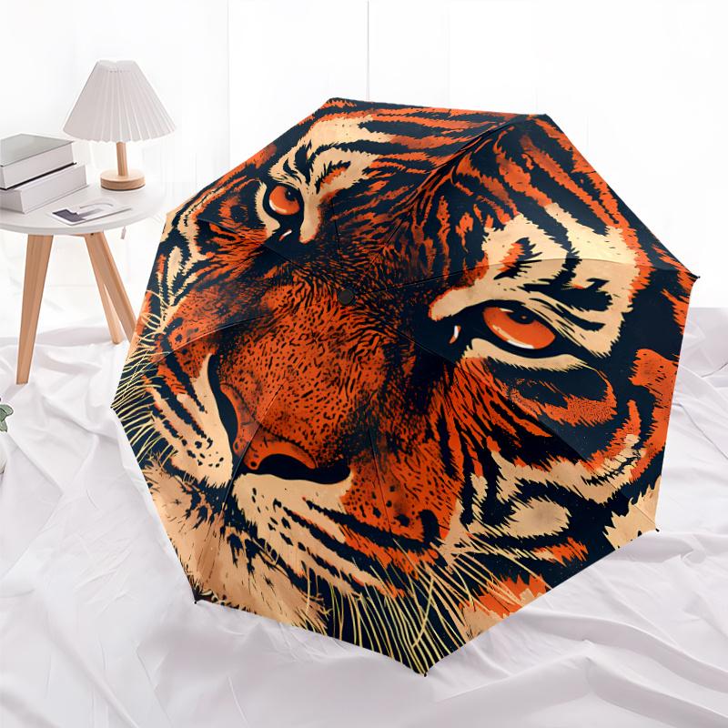 1pc Automatic Open/Close Umbrella with Tiger Face Close-Up Pattern - Compact Travel Umbrella, Windproof 8-Rib Frame, Portable