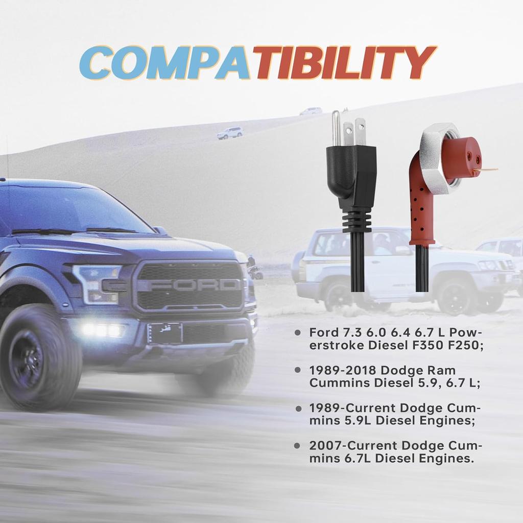 120V Block Heater Cord 251919 For Ford 7.3 6.0 6.4 6.7 L Powerstroke Diesel F250 F350 Dodge Ram Cumm Diesel 5.9, 6.7 L Fits Heavy Duty Immersion